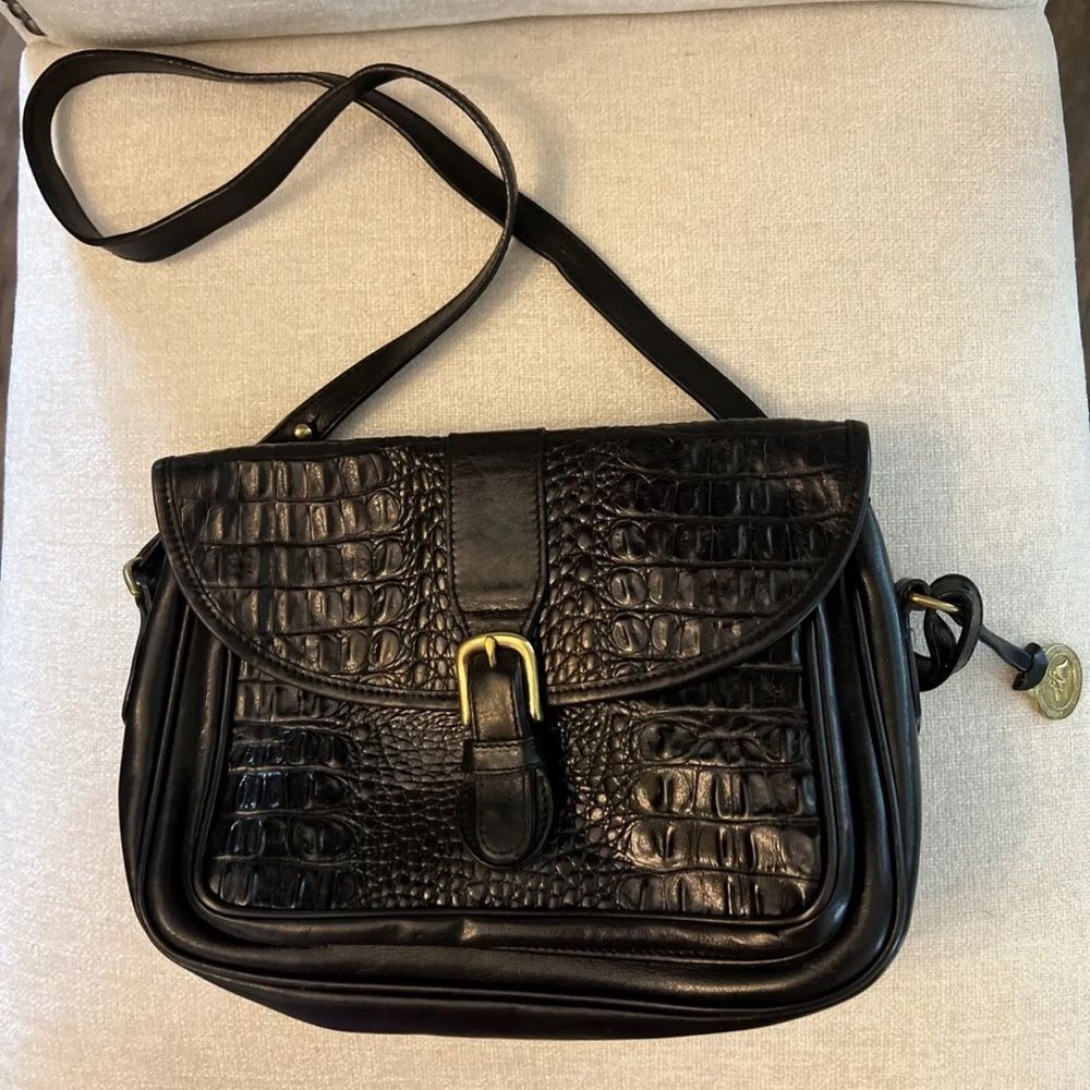 Brahman Vintage Black shoulder bag embossed  ￼with crocodile print￼